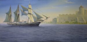 Marina painting ship and a fortress